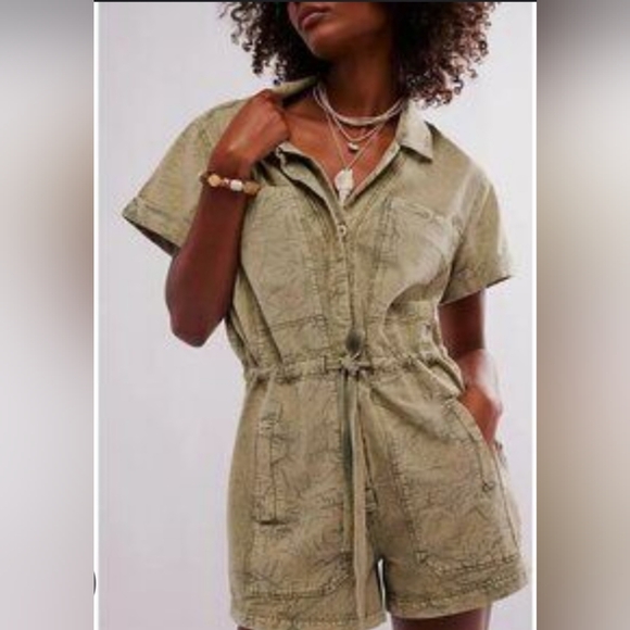 Pants - Free Peopla Rhodes Chino Coverall - Moss Stone  Stylish Olive Green Romper